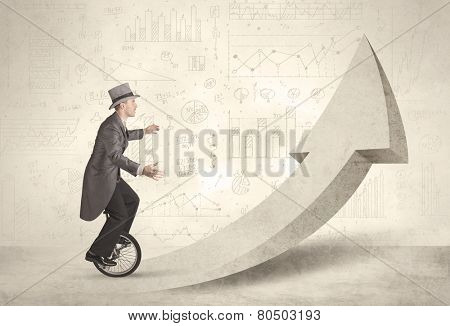 Happy business man riding a monocycle up on an arrow concept
