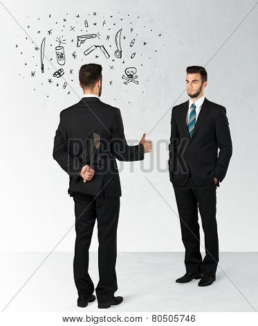 Ruthless businessman handshake with hiding a weapon and weapon symbols around his head