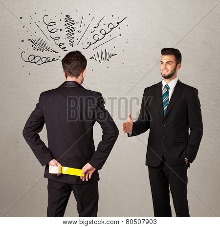 Ruthless businessman handshake with a hiding weapon and drawn curly lines around his head 