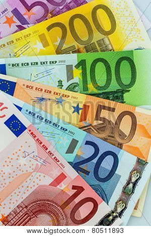 many different euro bills. photo icon for wealth and investment.