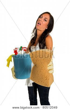 a young woman is annoyed that she has to make the house cleaning.
