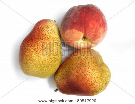 Pears and peach on white background