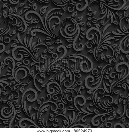 Vector black floral seamless pattern with shadow for invitation cards and decor