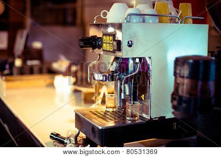 Close Up Of Professional Coffee Machine Making Espresso In A Cafe