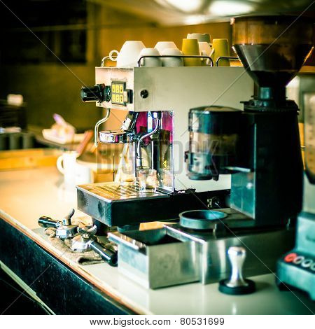 Close Up Of Professional Coffee Machine Making Espresso In A Cafe