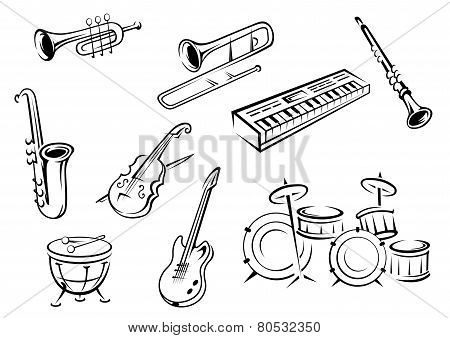 Outline strings, wind, keyboard and percussion instruments