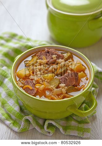 Soup with pickles and barley