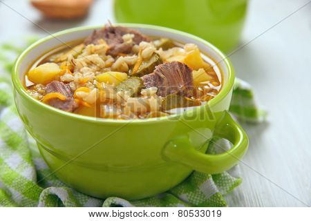 Soup with pickles and barley