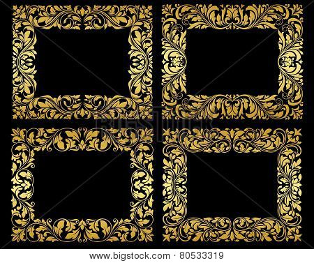 Golden floral frames on black background