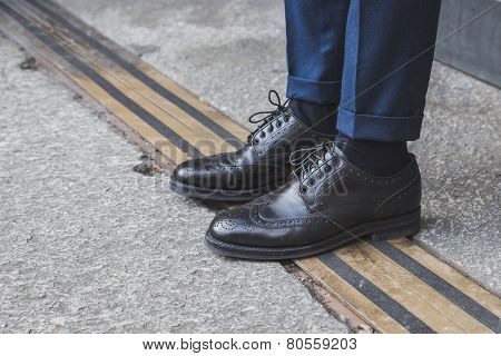 Detail Of Shoes Outside Ferragamo Fashion Show Building For Milan Men's Fashion Week 2015