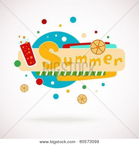 Vector colorful word SUMMER with glass of juice and orange slices and hand written text (scrapbook a