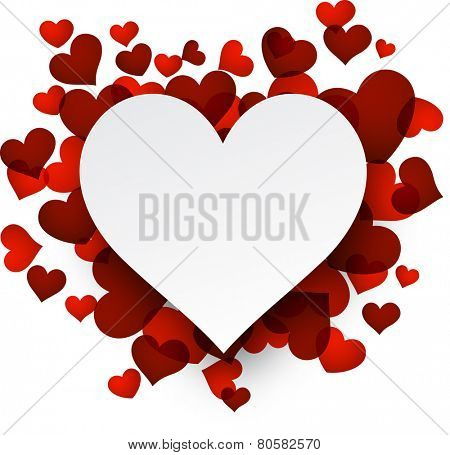 Love background with red hearts. Paper note. Valentine's greeting card. Vector illustration. 
