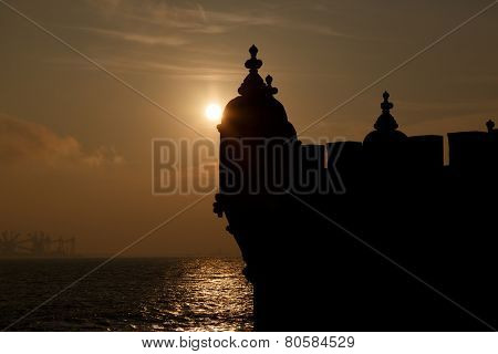 Europe, Portugal, Lisbon-silhouette of Belem Tower detail  at sunset, Lisbon landmark
