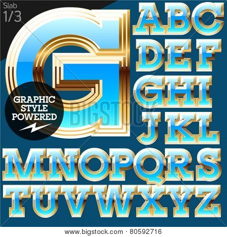 Blue alphabet with golden border. Stab. File contains graphic styles available in Illustrator. Set 1 