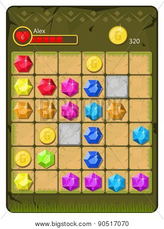 Vector template of casual match3 game interface with jewels and coins 