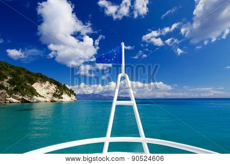 View of beautiful beach and sea from tourist boat, Zakynthos  island, Greece