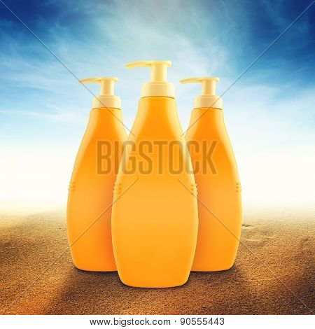 Suntan Lotion Bottles On Sunny Beach