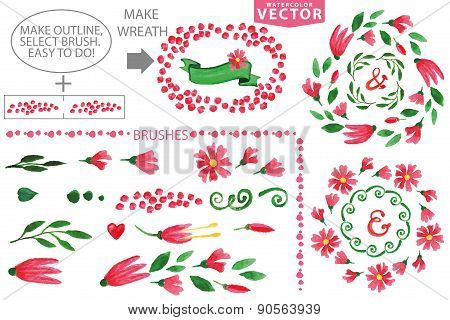 Watercolor floral brushes and wreath set.Vintage laurels frame