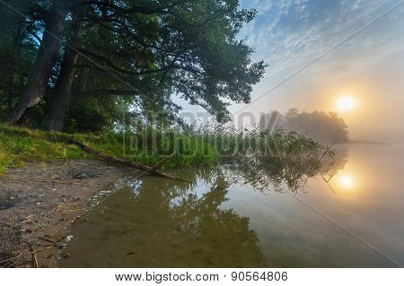 Beautiful Sunrise Over Misty Lake.