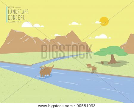 Landscape Mountains View And Animal. On A Clear Day Flat Vector.