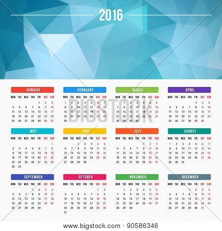 Calendar 2016 Vector Design Template. Week Starts Monday