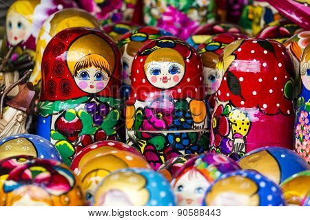 Colorful Russian Nesting Dolls Matreshka At The Market. Matrioshka Nesting Dolls Are The Most Popula