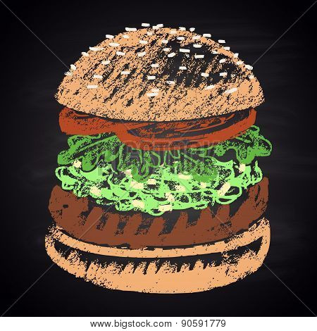 Colored chalk painted guacamole burger. Burger menu theme.
