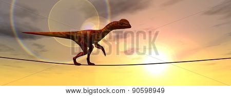 Concept or conceptual abstract business metaphor as wild heavy dinosaurus balancing on rope over sunset sky background banner