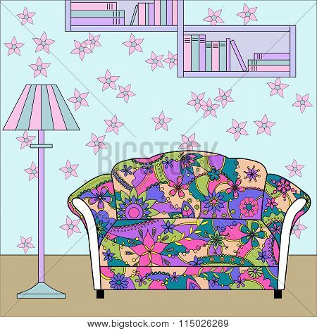 Vector cartoon funny interior with painted couch