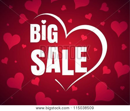Happy Valentine's Day big sale card with red realistic  banner heart on a red pink background. Vecto
