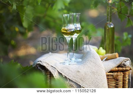 Bottle Of Liquor Or  Grappa And Glasses With Bunch Of Grapes