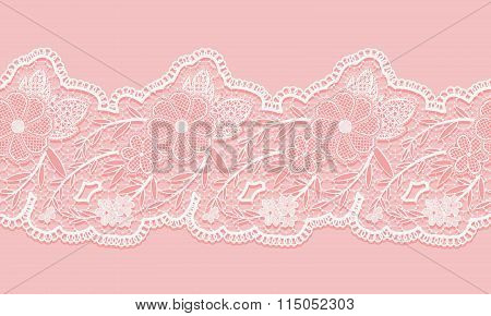 White And Pink Seamless Lacy Ribbon On Pink Background. Floral Seamless Border For Design.