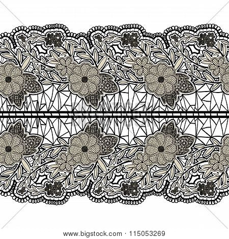 Black Seamless Lace Wide Belt On A White Background. Floral Horizontal Pattern For Design.