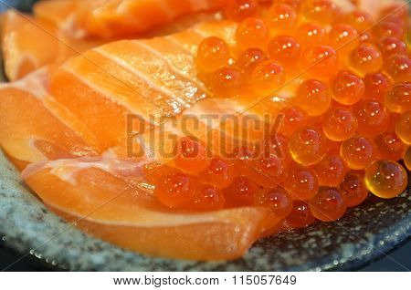 Raw and fresh salmon meat and salmon roe