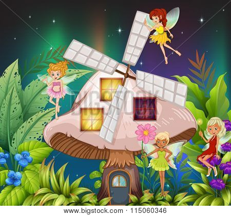 Fairies flying around the mushroom hosue at night illustration