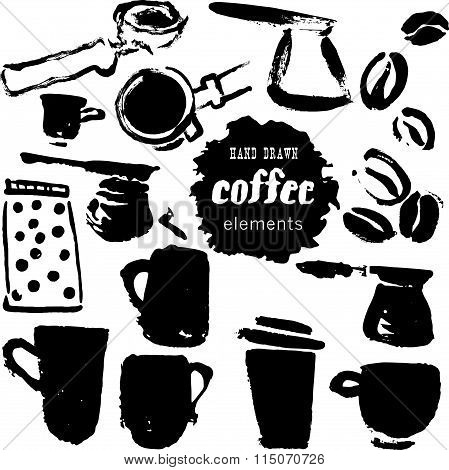 Collection of hand drawn coffee elements