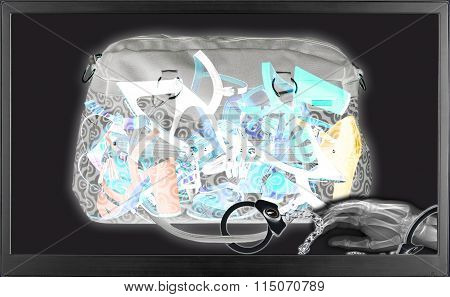 Bag full of women shoes seen by x-ray