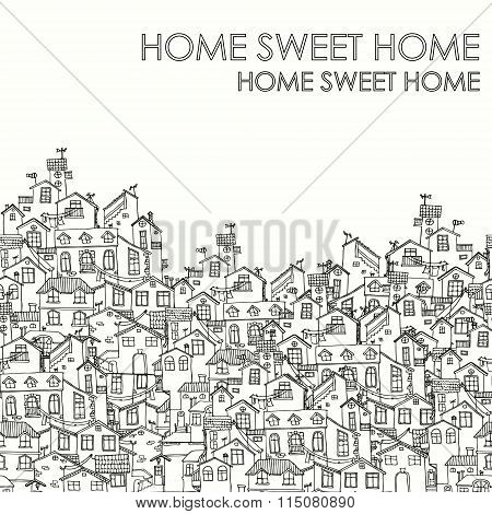 Hand Drawn Background With Doodle Houses.