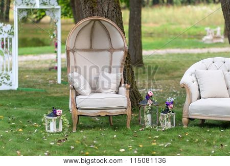 Chair in a beautiful Park surrounded by lanterns
