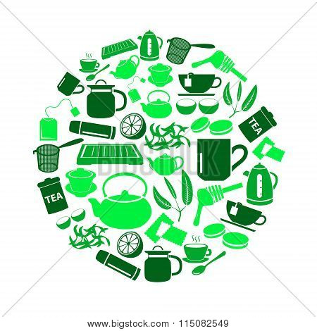 Tea Theme Green Simple Icons Set In Circle Eps10