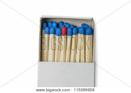 Matchbox With Blue And One Red Matches