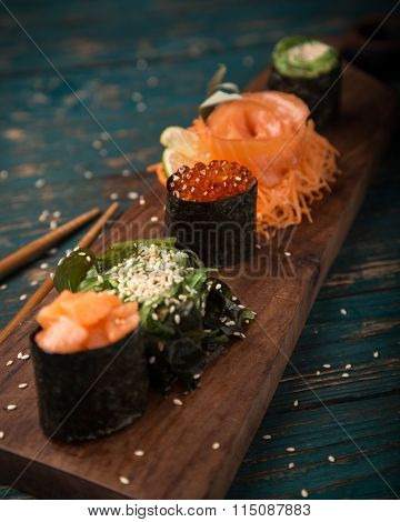 Sushi set on a wooden tray