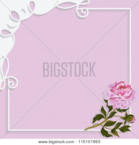 Vintage frame with paper swirls and beautiful peony .
