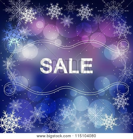 Sale sign on beautiful winter background with snowflakes and circles.