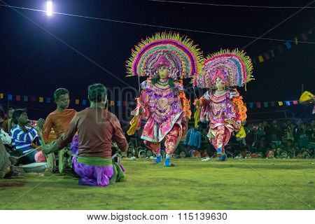 Chhau Dance, Indian Tribal Martial Dance At Night In Village