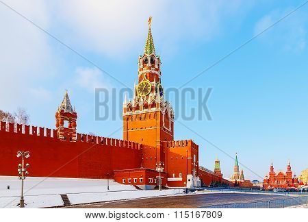 View of the Red Square and the Spassky tower winter sunset