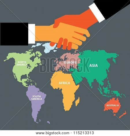 handshake with world map