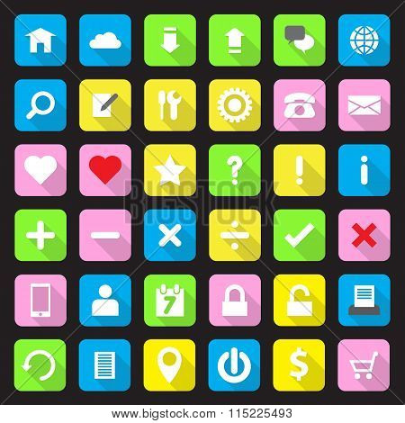 Web icon set on colorful rounded rectangle with long shadow