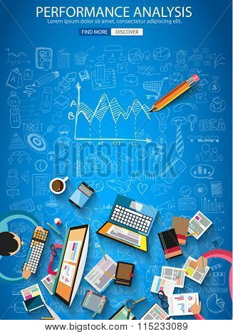 Performance Analysis concet with Doodle design style :finding solution, brainstorming, creative thinking. Modern style illustration for web banners, brochure and flyers.