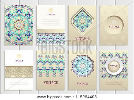 Turquoise vintage frames, ornaments, patterns and golden backgrounds